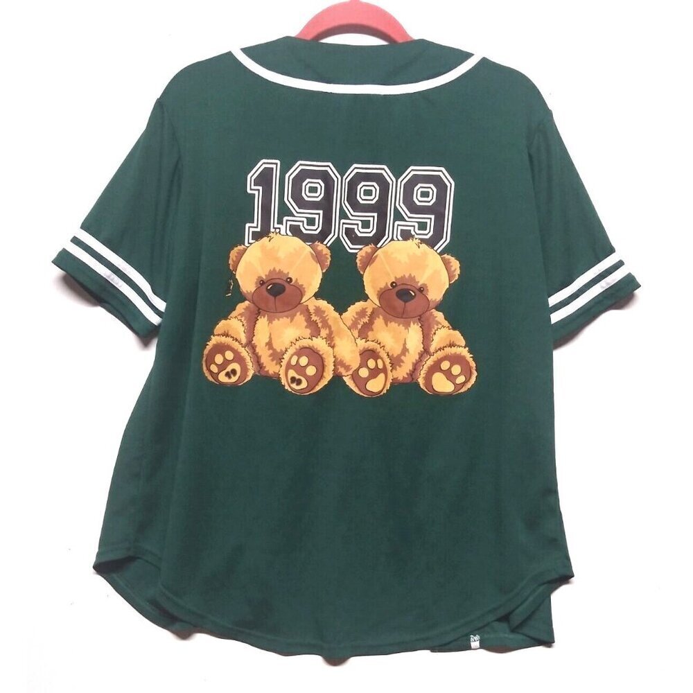 VTG Baseball Jersey 1999 Unisex Large Univ Green Teddy bear Graphics SS buttons